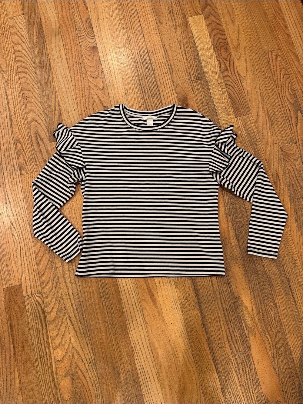 H&M Black and White Striped Long-Sleeve Ruffle Shoulder Top